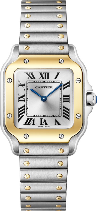 The Santos De Cartier Watch by Cartier features a silver case, gold bezel, Roman numerals, blue hands, and a metal link band.