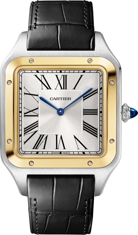 The Cartier Santos Dumont Watch features a black leather strap, square face with Roman numerals, and a gold bezel.