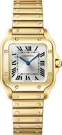 The Santos De Cartier Watch by Cartier features a gold case, square face, blue hands, and Roman numeral hour markers.