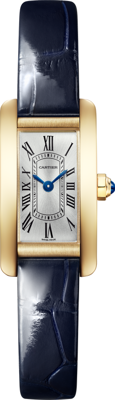 The Cartier Tank Américaine features a luxurious gold rectangular case, white dial with black Roman numerals, blue hands, and a dark blue leather strap—a true timeless classic.