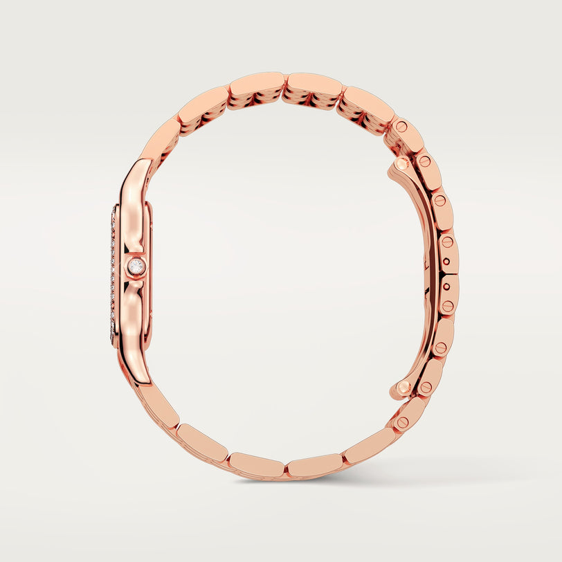 Rose gold watch with segmented bracelet, diamond-set bezel, and rectangular dial visible on left side.