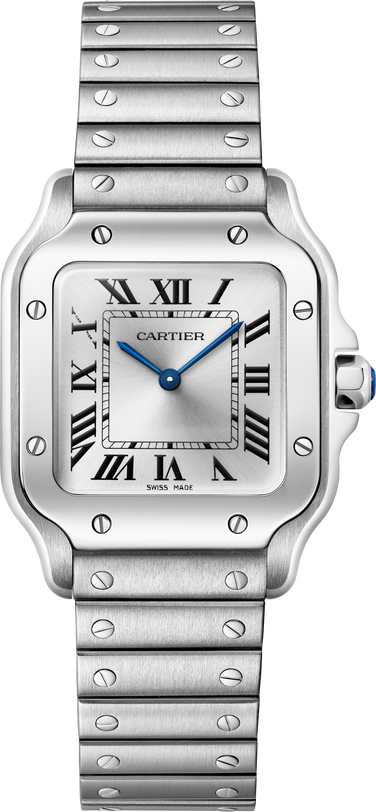 The Santos De Cartier by Cartier is a silver watch featuring Roman numerals, blue hands, and a metal bracelet.