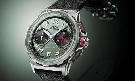 Angelus Chronodate watch with a light green dial over a matching green gradient background