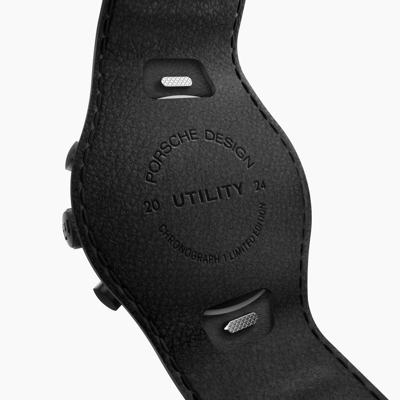 Close-up of the back of a Porsche Design Chronograph 1 Utility Limited Edition watch band.