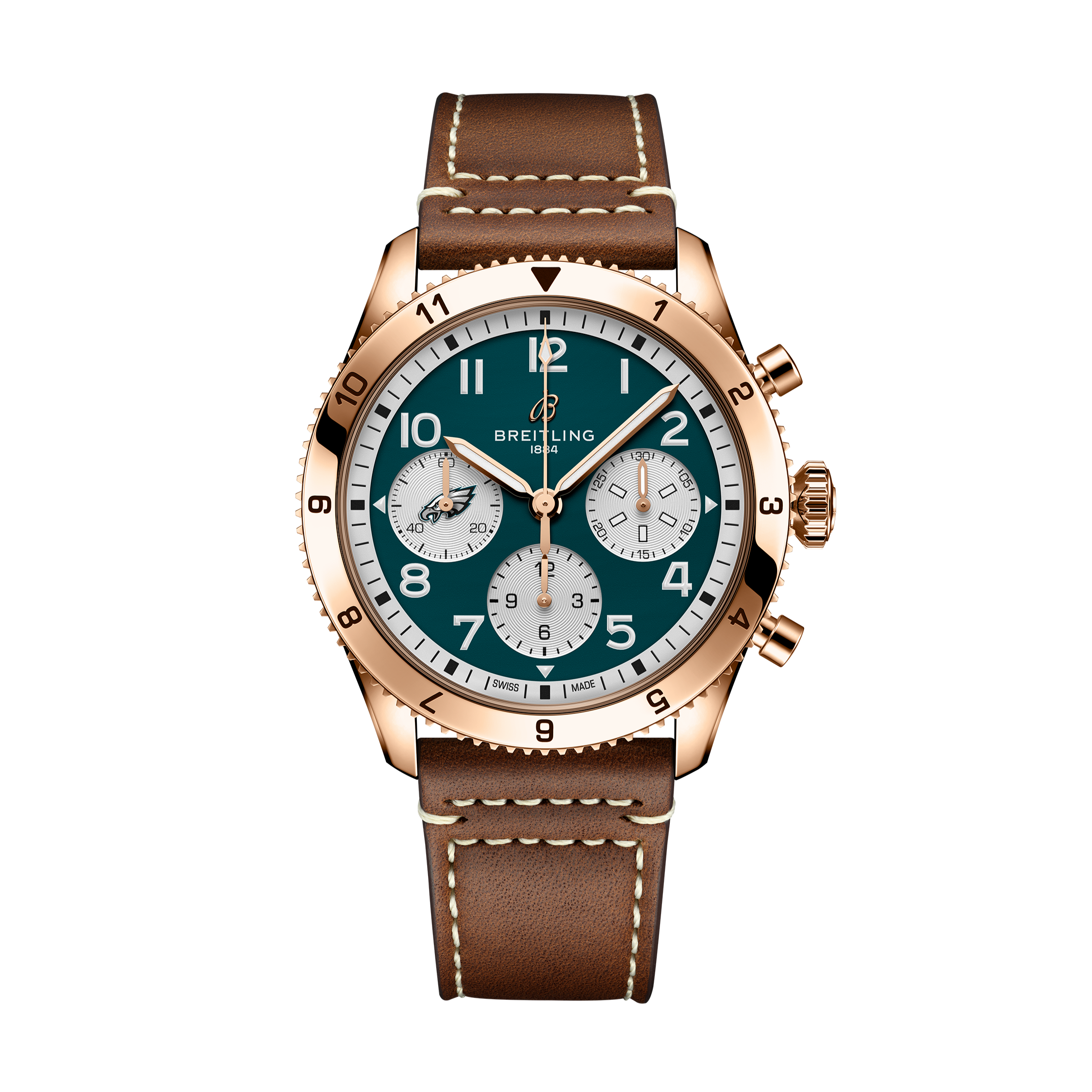 Breitling Classic Avi Chronograph 42 NFL Philadelphia Eagles Edition with a gold case, brown leather strap, and green dial displayed on a black background.