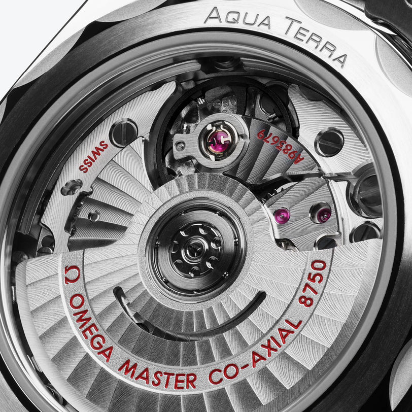 OMEGA Seamaster Aqua Terra Steel on Steel Watch Transparent Caseback Movement Close Up