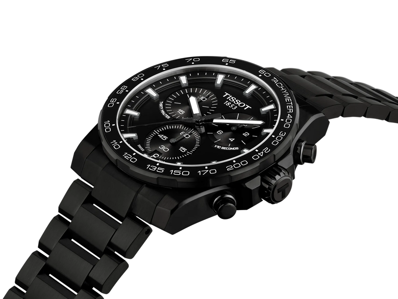 42mm stainless steel chronograph watch with black dial, subdials, tachymeter bezel, and matching black bracelet.