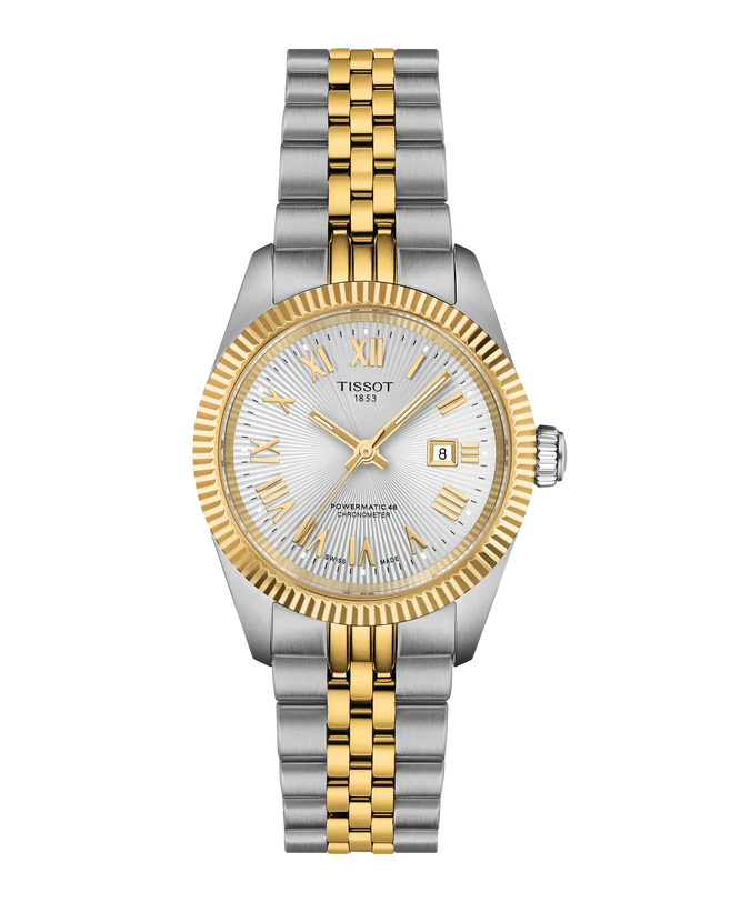 Tissot Ballade 30mm two-tone stainless steel watch with gold bezel, silver dial, Roman numerals, and date window.