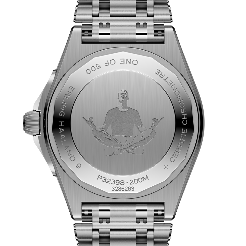 Breitling Chronomat Auto GMT 40 Erling Haaland watch with a silver back engraved with a meditating figure and the name ERLING HAALAND 9.