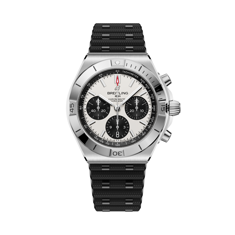 Breitling Chronomat B01 42mm chronograph watch with stainless steel case, cream dial, black subdials, and black rubber strap.
