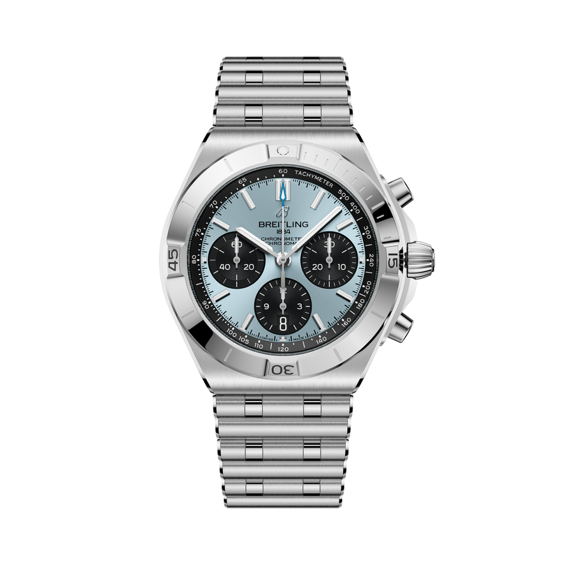 Breitling Chronomat B01 42 with stainless steel case, light blue dial, three black subdials, tachymeter bezel, and matching s