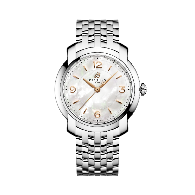 Front face of Breitling Lady Premier 36 with steel strap and white face of watch