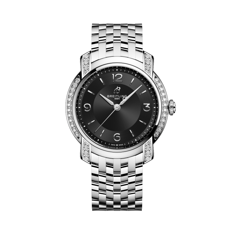Front face of Breitling Lady Premier 36 with steel strap and black face of watch