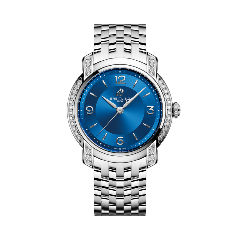 Front face of Breitling Lady Premier 36 with steel strap and blue face