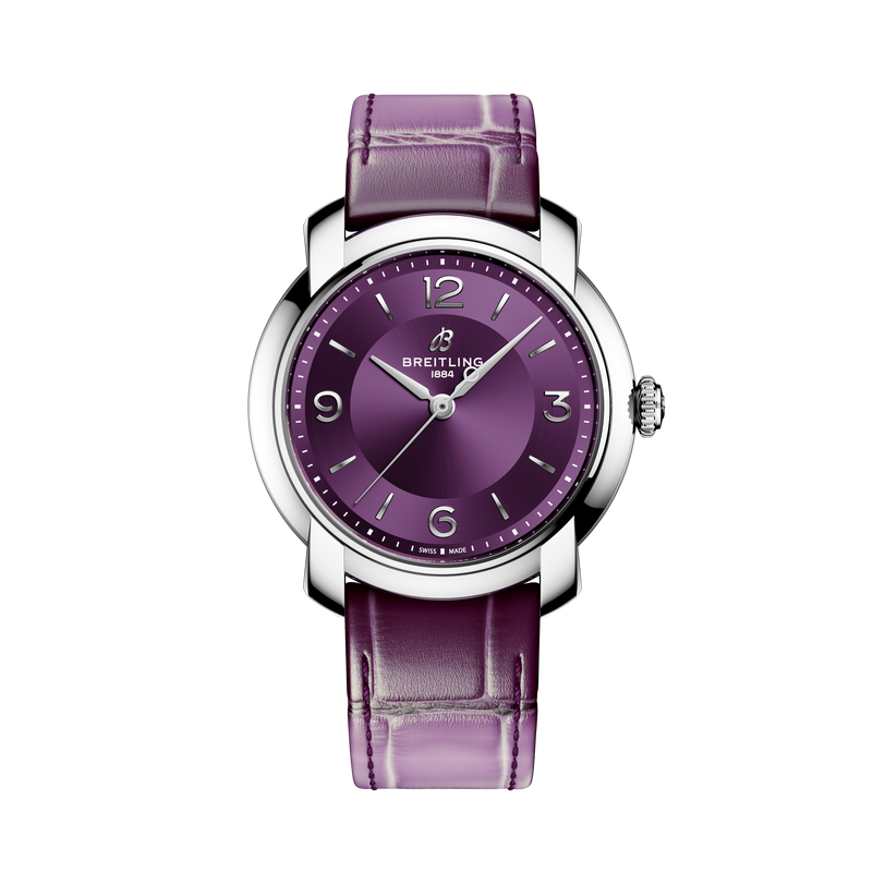 Front face of Breitling Lady Premier 36 with purple strap