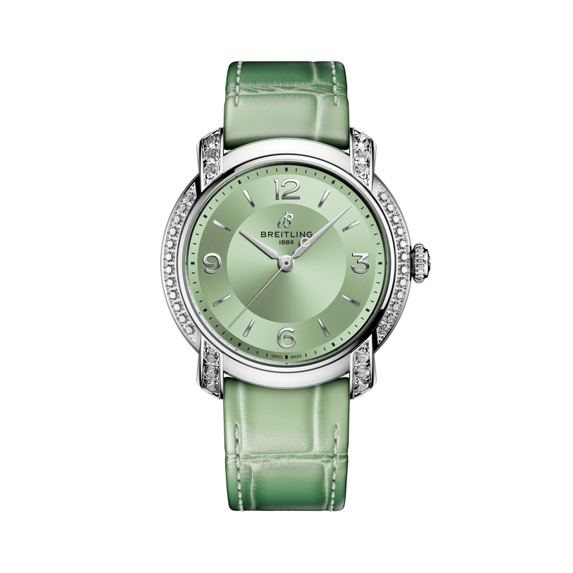 Front face of Breitling Lady Premier 36 with green strap