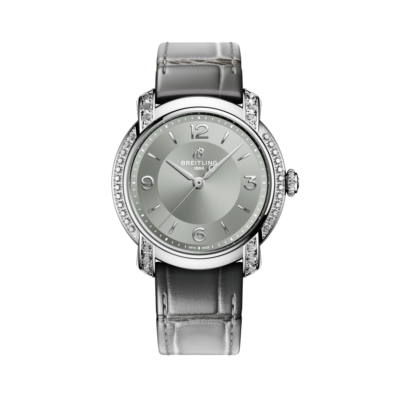Front face of Breitling Lady Premier 36 with grey strap