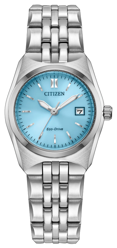 Citizen Corso stainless steel watch with light blue dial, date window, and multi-link bracelet.