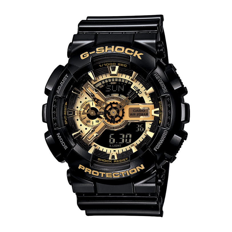 Black G-Shock watch with gold-tone dial, analog and digital display, and black resin band.