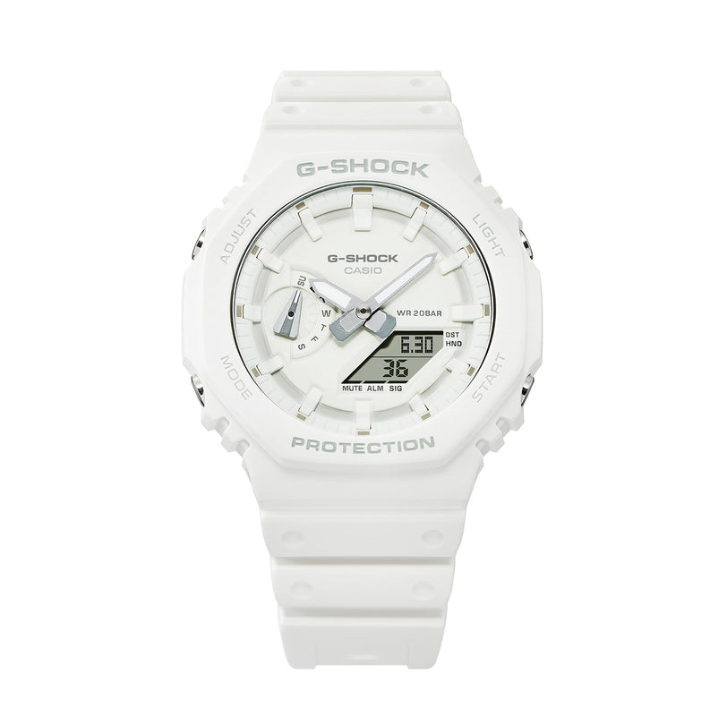 White G-Shock resin watch with analog and digital display, water resistance to 200 bar, and white band.