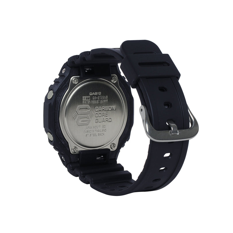 Black resin digital watch with square face, silver metal caseback, and black rubber band shown from back view.