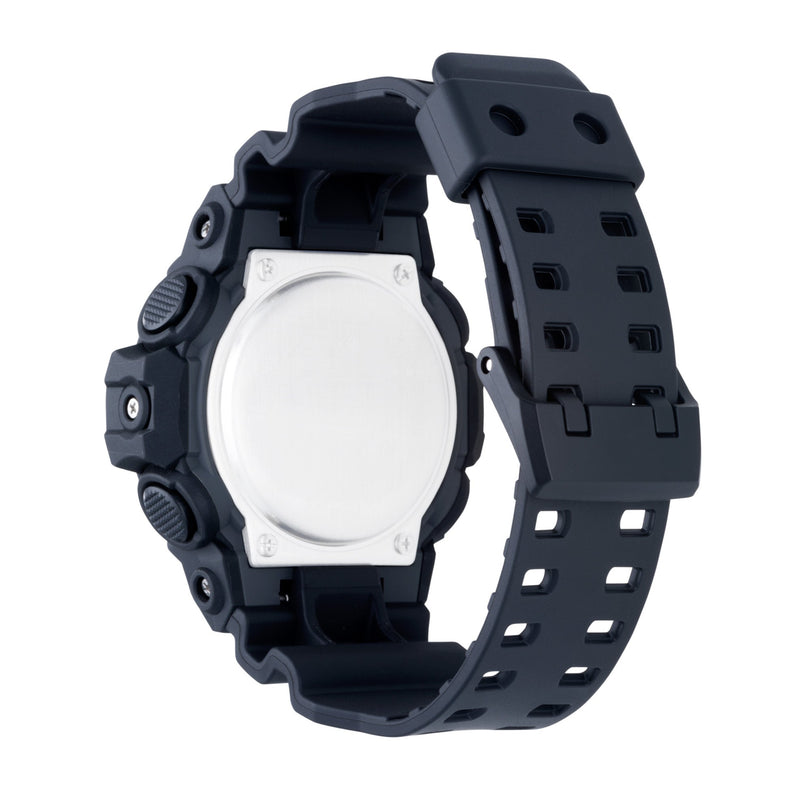 Black resin digital watch with white circular dial face and black textured band with perforated holes.