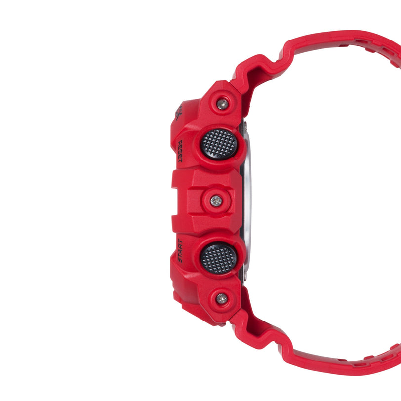 Red resin digital watch with multiple buttons and textured circular details on the side case.