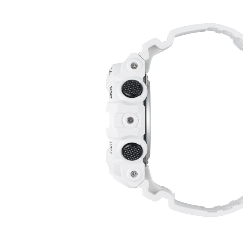 White resin digital watch with black textured buttons and white band shown from the side.
