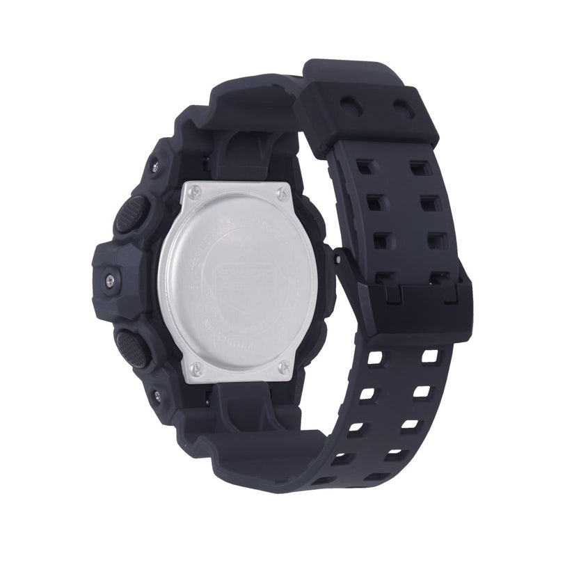 Gray digital watch with black resin band and square face, displayed with band separated.