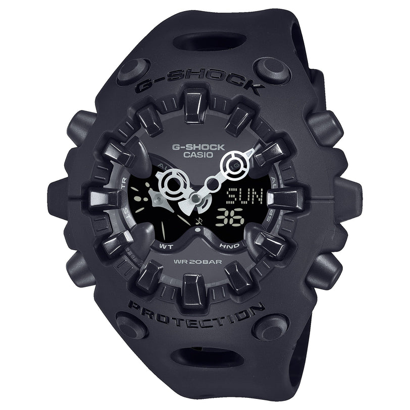 Black G-Shock Casio digital watch with analog hands, digital display, and textured resin band.
