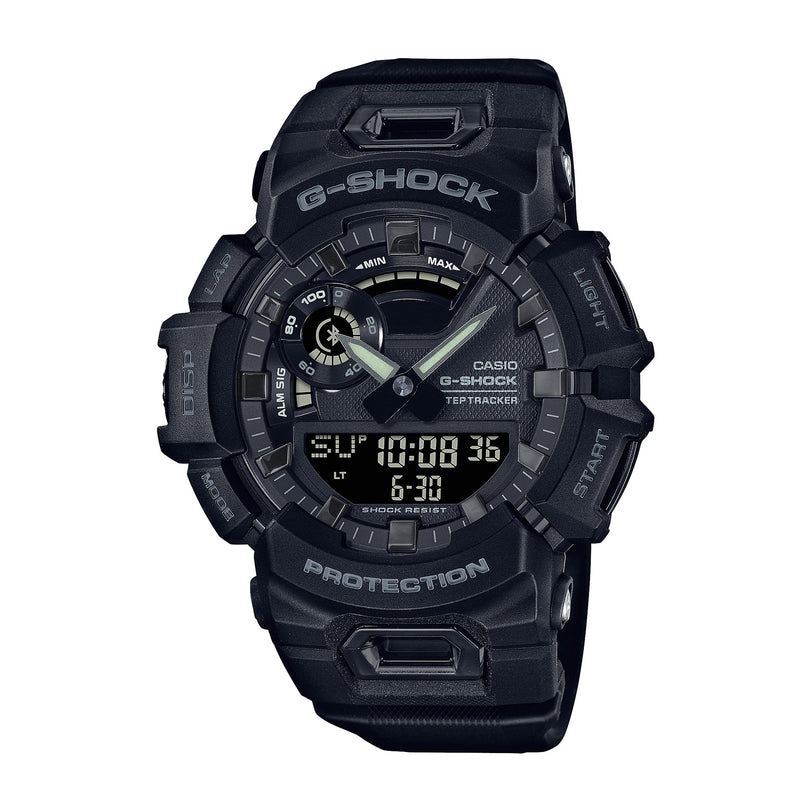 Black G-Shock digital and analog watch with resin band, dual display showing time and date, and multiple function buttons on