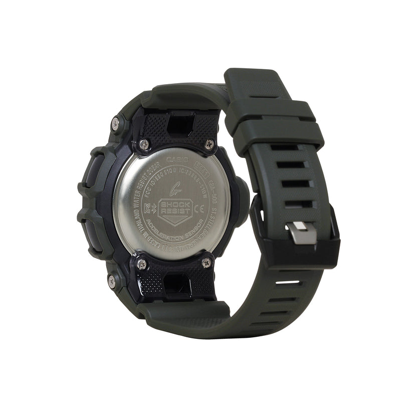 Dark green resin digital watch with rectangular face, black band with ridged texture, and metallic caseback shown from side a
