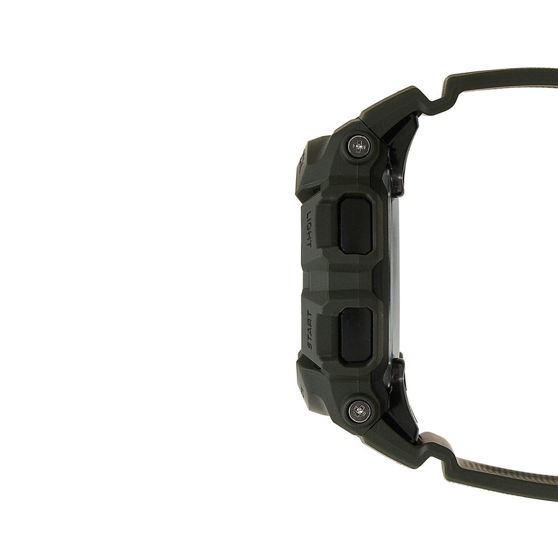 Digital watch with dark green resin case, rectangular display, and black band shown from side view.