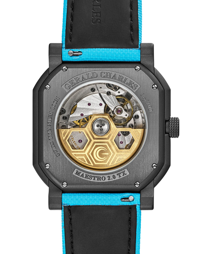Maestro GC Sport watch with titanium square case, light turquoise and black strap, visible mechanical movement with gold roto