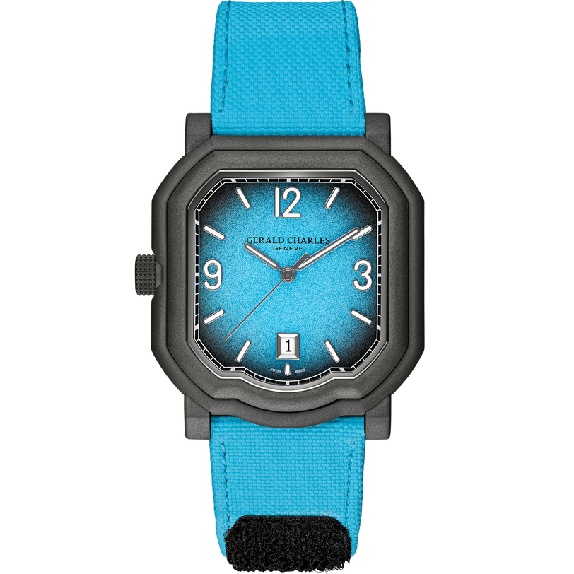 Dark titanium square watch with light turquoise dial and matching textile strap, featuring Arabic numerals and date window.