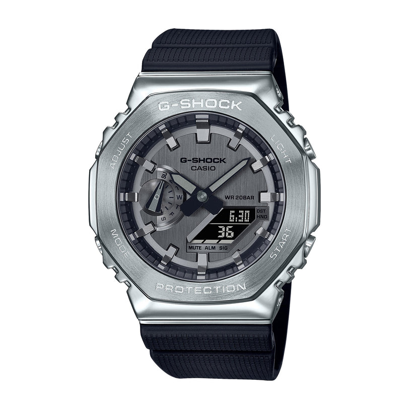 G-Shock GM-2100-1A analog-digital watch with silver stainless steel case and black resin band.
