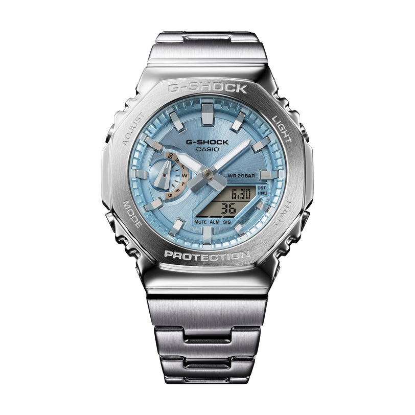 Silver stainless steel G-Shock watch with light blue dial, digital display, and metal bracelet.