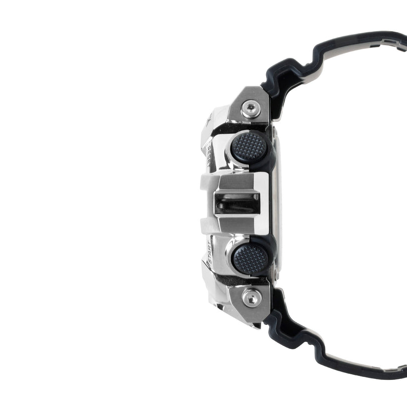 Digital watch with silver stainless steel case, black resin band, and black button accents shown from side view.