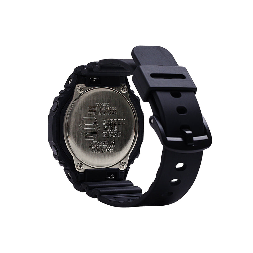 Black resin digital watch with square face and stainless steel caseback displayed from back and side angle.