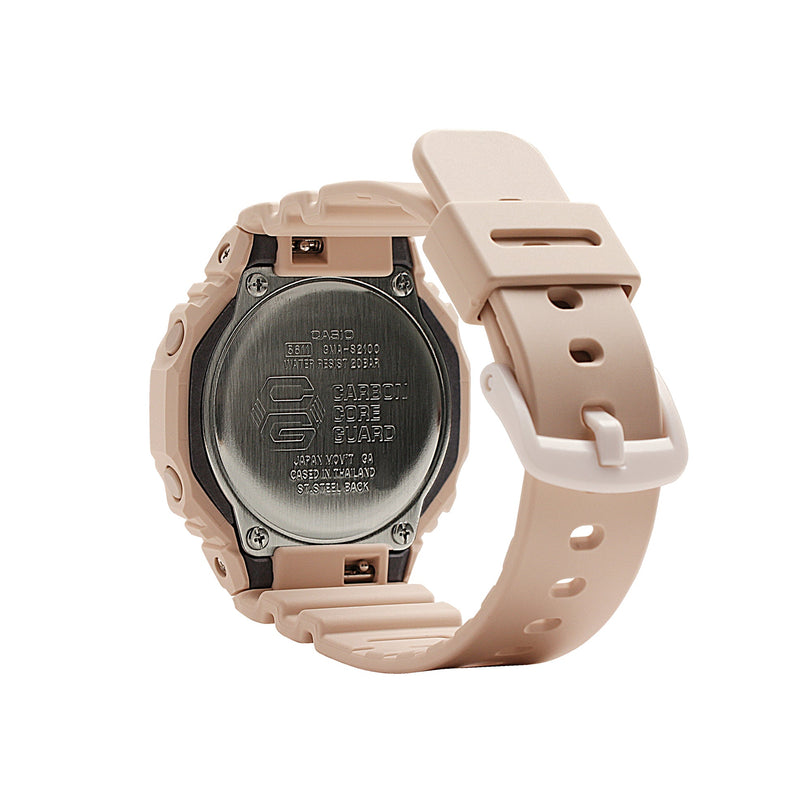 Pink resin digital watch with square face, black bezel, and adjustable band shown from back and side view.
