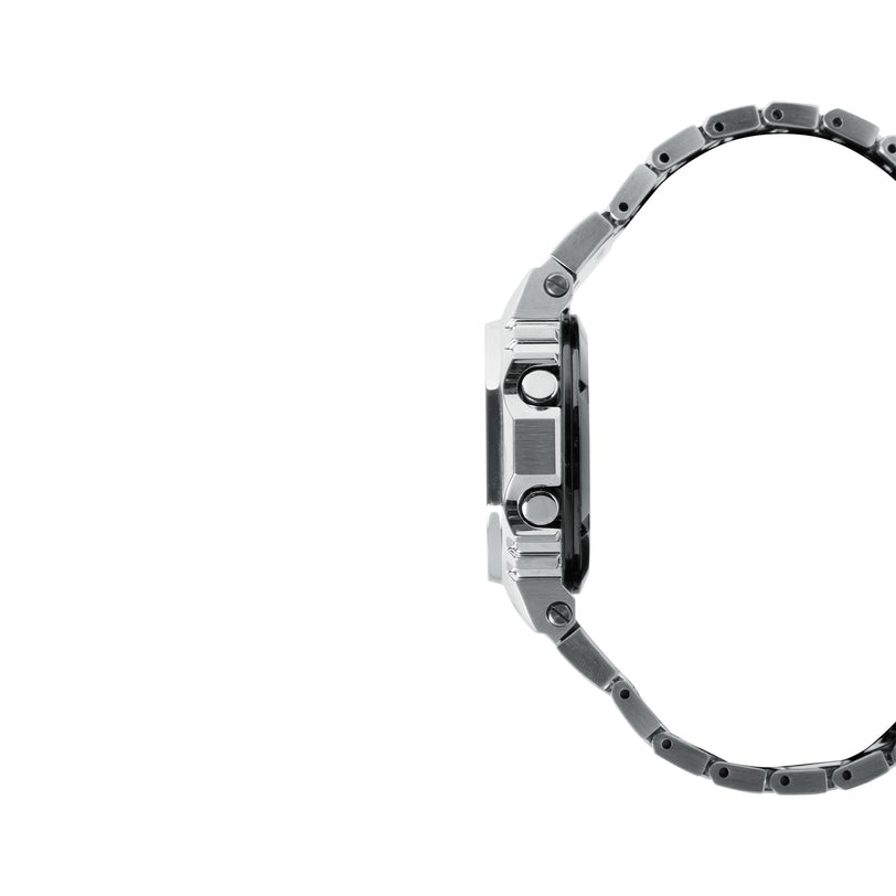 Silver stainless steel digital watch with rectangular case and segmented metal band shown from the side.