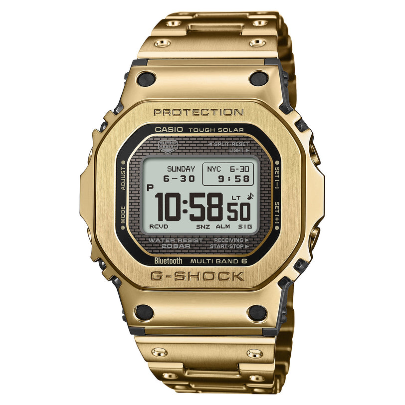 Gold stainless steel G-Shock digital watch with square face, black bezel, and LCD display showing time and date.