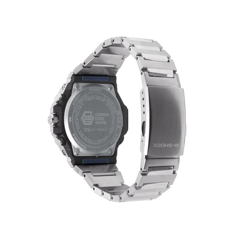 Digital watch with black case, silver stainless steel bracelet, and blue LCD display shown from front and side angles.