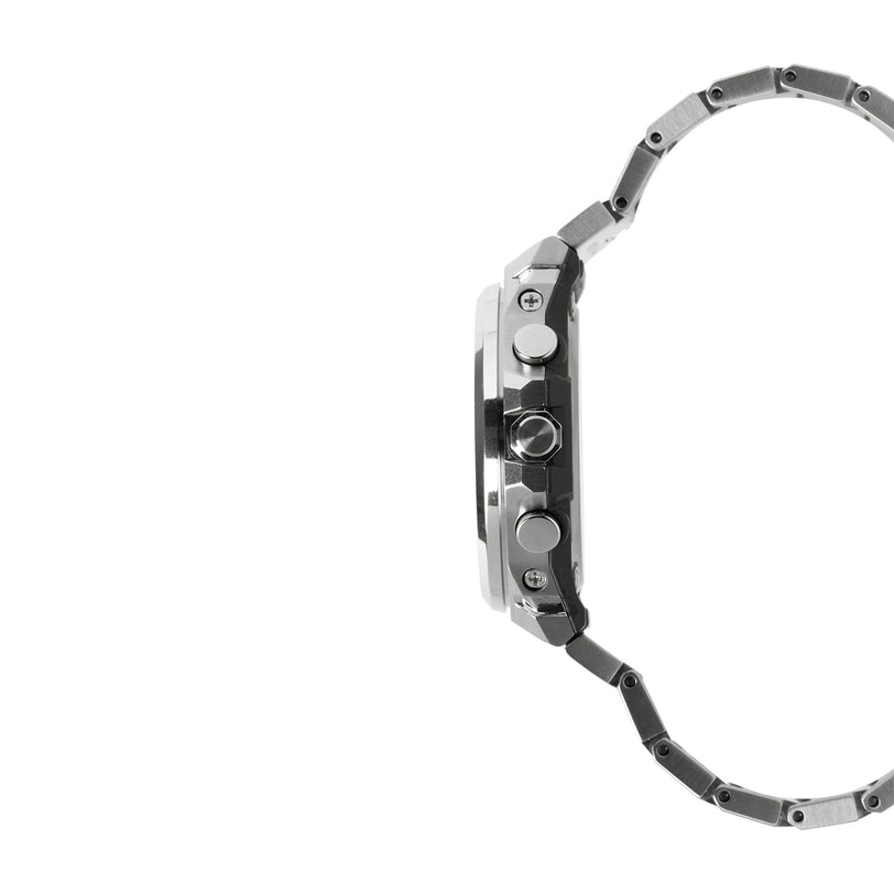 Silver and black stainless steel digital watch with metal band and multiple pushbuttons on side case.