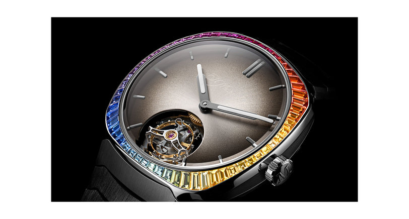 Streamliner Tourbillon watch with gray dial, visible tourbillon mechanism at 6 o'clock, and multicolored gemstone bezel.