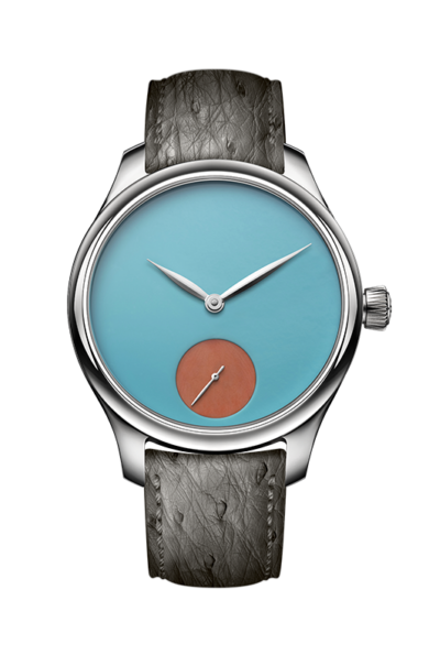 Silver watch with light blue dial, small seconds subdial in rust orange, and charcoal textured leather strap.
