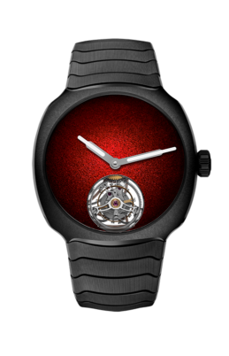 H. Moser watch with black strap and red face on a white background