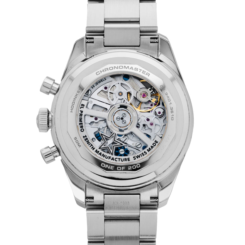 Back view of the Zenith Chronomaster Original Triple Calendar Limited Edition For Hodinkee, displaying its exposed movement and engravings like ONE OF 200 and EL PRIMERO—a striking display of modern chronograph design.