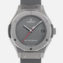 The Hublot Classic Fusion Titanium Limited Edition For Hodinkee features a gray dial, gray strap, silver bezel, red second hand, date display, and NOT FOR (RE)SALE above SWISS MADE—a special Hublot x Hodinkee collaboration.