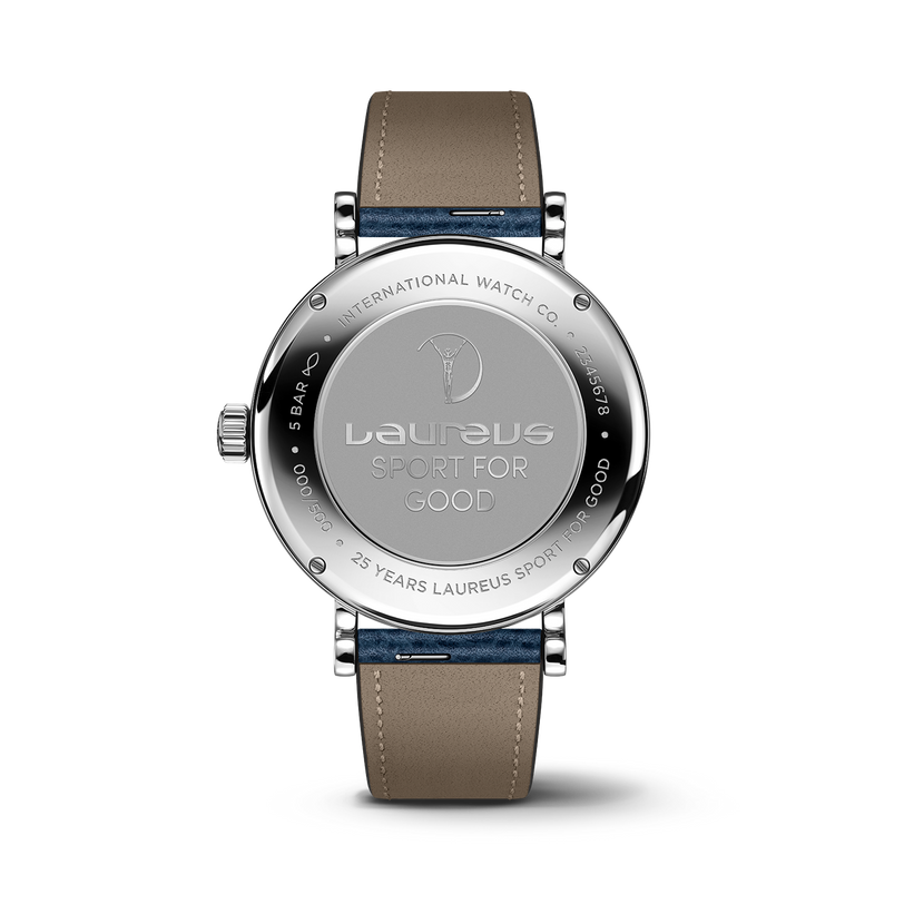 IWC Schaffhausen Portofino Automatic Pointer Date Laureus watch with engraved case back and navy leather strap